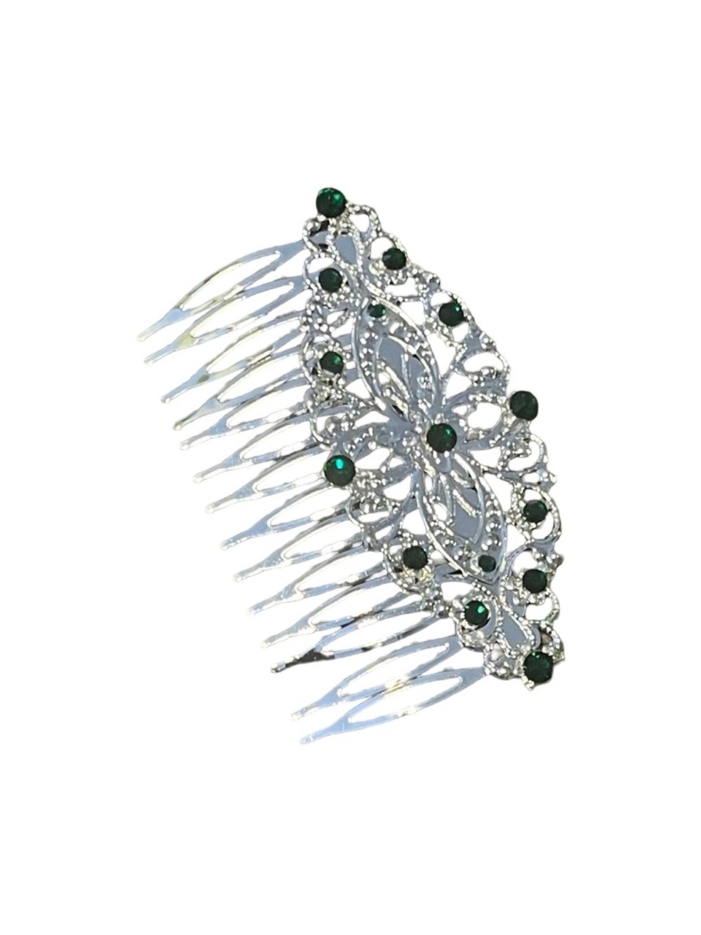 Silver Hair Comb with Emerald Green Crystal Stones 3.0” FINAL PRICE DROP
